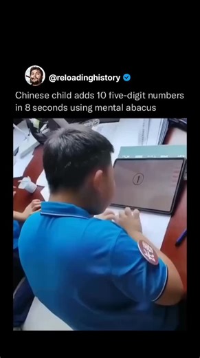 reloadinghistory on Instagram: "Imagine a young child solving ten massive five-digit numbers in just 8 seconds-without a calculator, and without even touching a physical abacus. That's the astonishing power of the Mental Abacus! This technique trains children to visualize an abacus in their minds, allowing them to perform complex arithmetic at lightning speed. The results are nothing short of incredible. Take Japan's Flash Anzan championship, for example: champion Takeo Sasano added fifteen thre