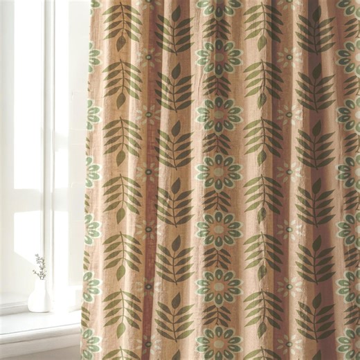 Mid Century Floral Leaf Curtains, Scandinavian Botanical Drapes, Retro Green Beige Window Panels - Etsy