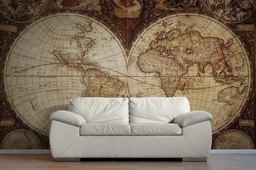 Vintage Old World Map Wall Mural - Premium Non-woven Fabric Wallpaper for Living Room, Brown Maps Wall Paper Wall Covering - Etsy