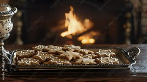 A nostalgic scene of oldfashioned corgi cookies arranged on a vintage tray against the flickering flames of a fireplace. The epitome of cozy indulgence.