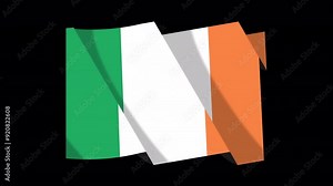 Looping animation of the Ireland flag with alpha channel, waving flag 4k animation footage on transparent background
