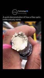 Technology on Instagram: "A fiber optic cable works by trapping light inside a tiny glass strand and guiding it through bends and turns, allowing information to travel incredibly fast with almost no loss. Light moves through the core of the cable while the surrounding cladding keeps it contained through total internal reflection, creating a pathway where the signal can bounce forward for long distances without escaping even when the cable bends, twists, or stretches underground or underwater. Be