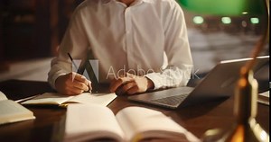 College Student Using Laptop Computer to Study in a Classic Library. Anonymous Smart Man Learning Online, Getting Ready for Exams, Writing in Notebook and Drafting an Essay