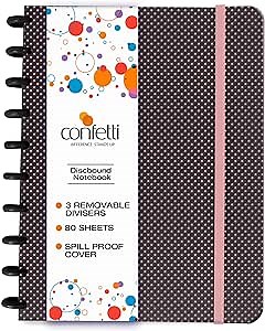 Confetti Discbound Notebook - Customizable, Binder Notebook, Notebook with Removable Pages - Smart Notebook, Wide Ruled Disc Planner with 3 Binder Dividers - 80 sheets - Black/Light Pink Polka Dots
