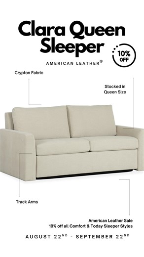 Meet your new favorite sofa that doubles as a dream-worthy sleeper. ️ Clara by American Leather combines effortless style, a smooth open design, and durable Crypton fabric stocked in a queen size, ready for your home.  Save 10% on all Comfort & Today American Leather Sleepers now through September 22nd! | Boston Interiors | Facebook