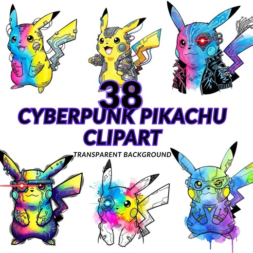 Pikachu Clipart: 38 Cyberpunk Pikachu PNG, Transparent Background - Etsy