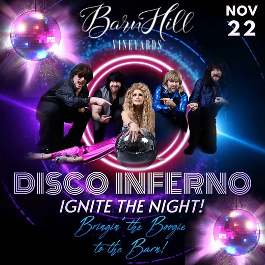 Disco Inferno Band - Ignite the Night is coming to BarnHill Vineyards THIS SATURDAY NIGHT! Get ready to trade your wine glass for a disco ball (don’t worry, you can still hold both) because Disco Inferno is bringing their polyester-powered, platform-shoed, funkadelic madness straight to BarnHill Vineyard! Imagine sipping a fine Texas red while watching a band so groovy they make John Travolta look like he’s still practicing in the mirror. These legends of leisure will unleash a tidal wave of gli