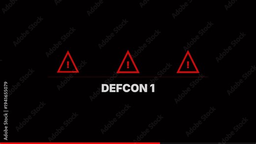 World War III DEFCON 1 Maximum Readiness State Emergency Alert System Warning with Red Triangle Icons for Military Confrontation and Global War Simulation 4K