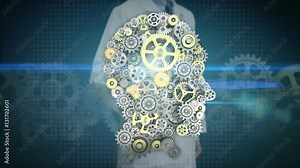 Researcher, Engineer touching screen, Gears making human head shape. artificial intelligence, computer technology, humanoid science.