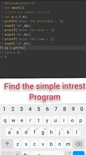 find the simple intrest program c programming #coding #shorts