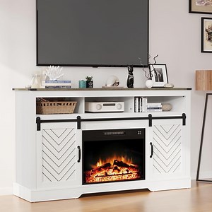 Mayincolor Fireplace TV Stand for 65 inch TV, Farmhouse Entertainment Center with 23" Electric Fireplace with Remote, Modern Rustic TV Console Storage Cabinet with Sliding Bar Door,Antique White