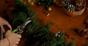A young woman with wire cutters in her hands cuts branches from a spruce tree to make a Christmas wreath. Workshop on making decorations for Christmas and New Year.