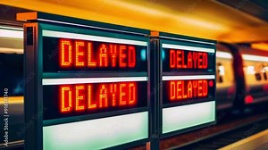 Two red LED signs with the word "DELAYED" displayed on them in an indoor setting. Stock Video
