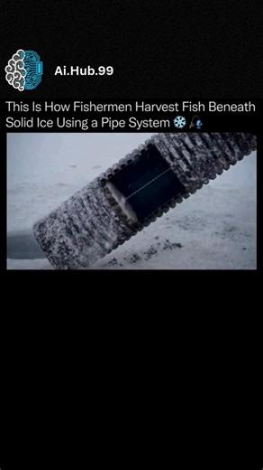 AI.HUB.99 on Instagram: "This isn’t traditional ice fishing, it’s a controlled harvesting method built for frozen lakes. 🧠🧊 Instead of drilling dozens of holes, fishermen cut one main opening and insert a vertical pipe through the ice. The pipe keeps the hole from refreezing, stabilizes the opening, and creates controlled water movement beneath the ice. That movement naturally funnels fish upward toward the opening, allowing them to be collected efficiently in a single location. It’s safer tha