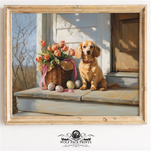 Spring Easter Dachshund Puppy - Cute Printable Wall Art, Cozy Cottagecore Scene With Tulip Basket and Festive Eggs, Digital Download 678 - Etsy