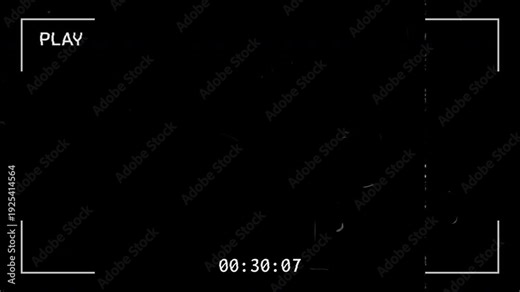 Retro VHS camcorder frame with play icon, Analog VHS recorder play screen with static noise and timer