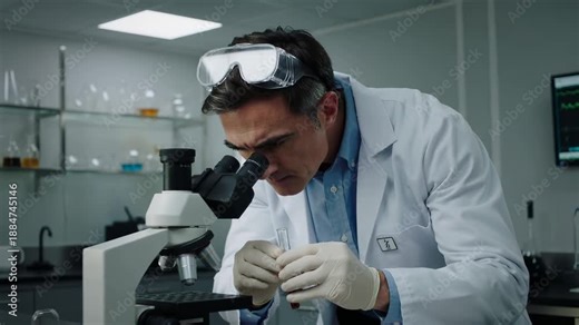 Biomedical researcher examining sample through microscope in clinical laboratory. Professional scientist conducting pharmaceutical analysis with test tube. Panning medium shot.