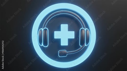 Glowing Blue Medical Call Center Icon with Plus Symbol and Headphones