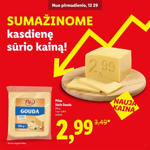 Sumažinome kasdieninę sūrio kainą! Nuo gruodžio 29 dienos reguliari „Pilos“ sūrio GOUDA kaina, 500 g 2,99 Eur. Buvusi reguliari kaina 3,49 Eur. | Lidl Lietuva