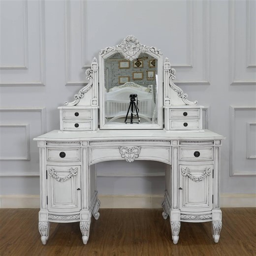 Vintage French Vanity Table With Mirror, Distressed White Dressing Desk Storage - Etsy