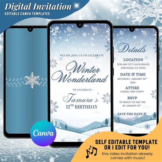 Winter Wonderland Birthday Video Invitation, Christmas Winter Birthday Party Evites : Editable Canva Template - Etsy