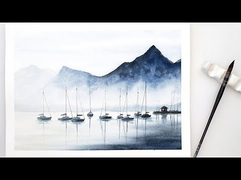 Watercolor fall painting tutorial - misty landscape - for beginners + FREE sketch