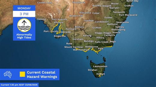 As cold fronts bring strong winds, rain, and snow to south-east Australia over the coming days, conditions along the coasts are also being impacted. ⚠️ Coastal Hazard Warnings for abnormally high tides have been issued for parts of the south-east, for conditions expected during Tuesday and Wednesday. Tides are likely to rise well above the normal high tide mark during the high tides in this period, which may lead to seawater flooding of low-lying coastal areas. For South Australia, areas at risk