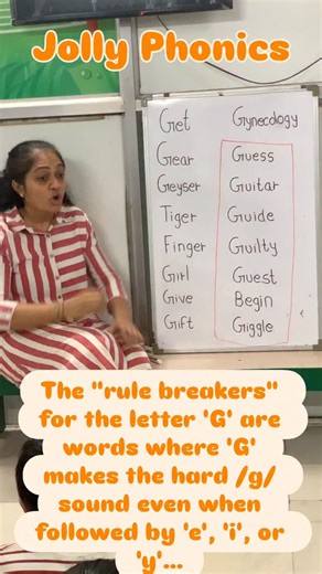 Rutu Patel on Instagram: "The “rule breakers” for the letter ‘G’ are words where ‘G’ makes the hard /g/ sound even when followed by ‘e’, ‘i’, or ‘y’, defying the typical soft ‘j’ sound rule; common examples include get, give, girl, gift, and giggle, which follow the hard sound but break the pattern that usually applies to ‘ge’, ‘gi’, ‘gy’ words like gem or gym. #jollyphonics #learning #jollyphonicsclasses #share #jollyphonicstrainer"