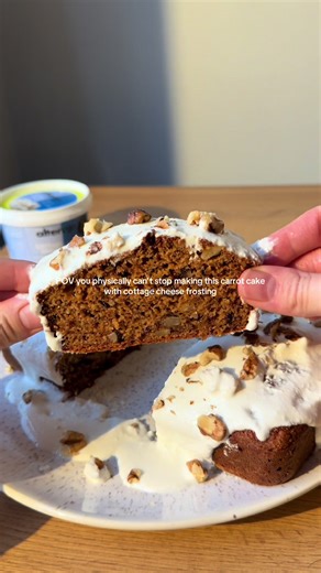 healthy carrot cake with cottage cheese frosting 🥕✨ macros (per slice, recipe makes around 8 slices): 212 calories | 8g protein | 28g carbs | 7g fat ingredients: 1 banana, mashed 2 eggs 1/2 cup maple syrup 2 carrots, shredded 1/2 cup chopped walnuts (50g) 1/2 cup oat flour (75g) 1/2 cup plain flour (75g) 1 tsp baking powder 1/3 tsp baking soda 1 tsp cinnamon pinch of salt frosting: 200g cottage cheese 3 tbsp greek yogurt (80g) 2 tbsp maple syrup instructions: 1. mix the wet ingredients together