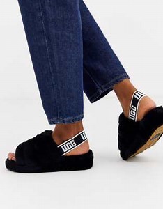 UGG Fluff Yeah slide flat sandals in black | ASOS