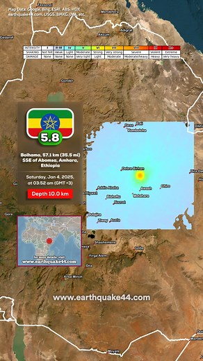 Ethiopia Earthquake - Bolhamo, 57.1 km (35.5 mi) SSE of Abomsa, Amhara, Ethiopia ▶️ Local time at epicenter: Saturday, Jan 4, 2025, at 03:52 am (GMT 3) ▶️ Epicenter: Bolhamo ▶️ Magnitude: 5.8 ▶️ Depth: 10.0 km #earth44 #earthquake #earthquakes #ethiopia #addisababa #fyp #viral #trending | Earth44