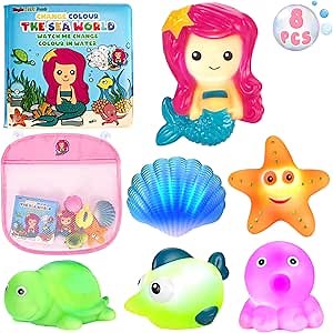 Light Up Bath Toys for Toddlers Kids Girls Baby, No Hole Glow Bath Toys with Bath Book & Organizer, Led Light Bath Time Water Toys for Bath Tubs Bathrooms Pool, Gift for Toddlers Girls Infants