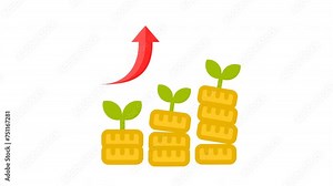 Animated growth with graph, coin stack and a money plant growing out of it. Suitable for success, finance, business and sustainability concept designs. Nature meets data visualization in one