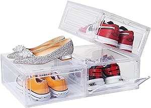 Stackable Shoe Boxes: 3 Pack Clear Plastic Shoe Organizer Containers for Closet, Drop Front Shoe Storage Bins for Display, Fit Shoe Size Up to US Men 12