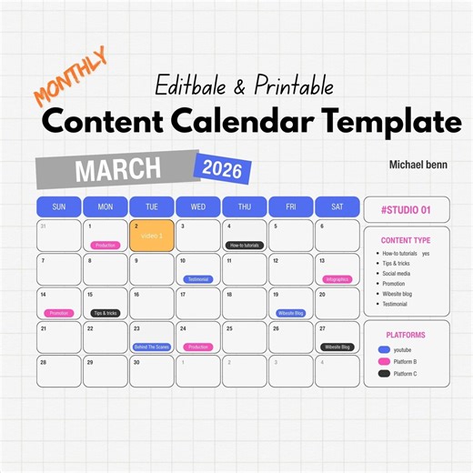 Monthly Content Calendar & Planner Social Media Calendar Project Podcast Youtube Marketing Schedule for Tiktok Facebook Instagram - Etsy