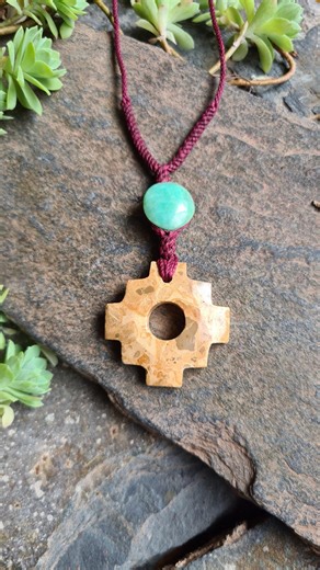 Light earthy Jasper stone and Amazonite chakana Inca cross necklace Andean cosmology shamanic spirit guide