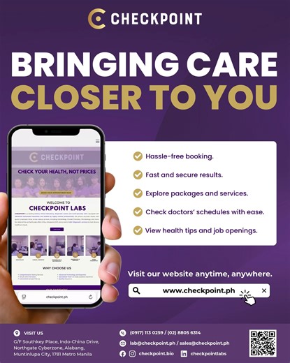 🌐 𝗬𝗢𝗨𝗥 𝗛𝗘𝗔𝗟𝗧𝗛 𝗝𝗢𝗨𝗥𝗡𝗘𝗬 𝗝𝗨𝗦𝗧 𝗚𝗢𝗧 𝗘𝗔𝗦𝗜𝗘𝗥 🌐 Experience seamless healthcare with 𝗖𝗛𝗘𝗖𝗞𝗣𝗢𝗜𝗡𝗧 𝗼𝗳𝗳𝗶𝗰𝗶𝗮𝗹 𝗪𝗲𝗯𝘀𝗶𝘁𝗲 — your hub for: ✅ Hassle-free booking. ✅ Fast and secure results. ✅ Explore packages and services. ✅ Check doctors’ schedules with ease. ✅ View health tips and job openings. Visit our Website and discover how CHECKPOINT makes healthcare hassle-free. 💜 --- CHECKPOINT is a Tertiary Clinical Laboratory, Diagnostic Center and Multi-Specialt