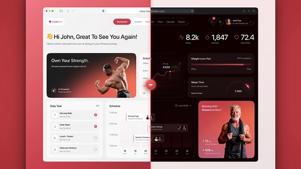 HealthVibe, Fitness Dashboard UI (Light & Dark Mode)
