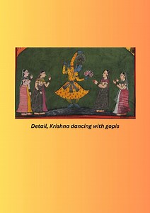 The Gita Govinda is a work composed by the 12th-century Hindu poet, Jayadeva. It describes the relationship between Krishna, Radha and 'gopis' of Vrindavan. An illustration from Gita Govinda showing four-handed Krishna dancing with 'gopis' the cowherd maidens on either side, on the foreground. Five persons seen standing at a distance. Inscription on top, from Rajasthan, dated to the 17th century. #SalarJungMuseum #gitagovinda PMO India Ministry of Culture, Government of India Amrit Mahotsav Jish