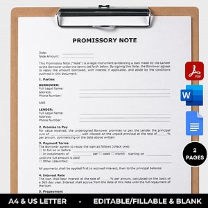 Promissory Note Form Fillable Payment Agreement Promissory Note Template Personal Loan Agreement Loan Contract Google Doc Editable MS Word - Etsy