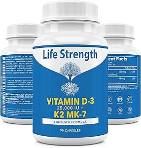 Vitamin K2 (MK7) + D3 25,000IU Supplement - Extra Strength, Non GMO, Easy to Swallow, No Fillers - Supports Immune & Bone Health