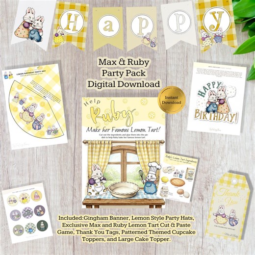 Max and Ruby Birthday Party Pack Bundle | Lemon Yellow | Printable Banner, Cake Toppers, Gift Tags, Party Hats, Cut & Paste | Digital - Etsy