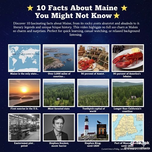 🦞 10 Facts About Maine You Might Not Know 🌲 Discover 10 fascinating facts about Maine, from rugged coastlines and lobster harvests to historic firsts, scenic landmarks, and famous authors. This video explores what makes the Pine Tree State truly unique. Perfect for quick learning, casual watching, or relaxed background listening. If you want it shorter, Shorts-optimized, or more sleepy/cozy, just let me know 👍#usa #top10 #facts #maine