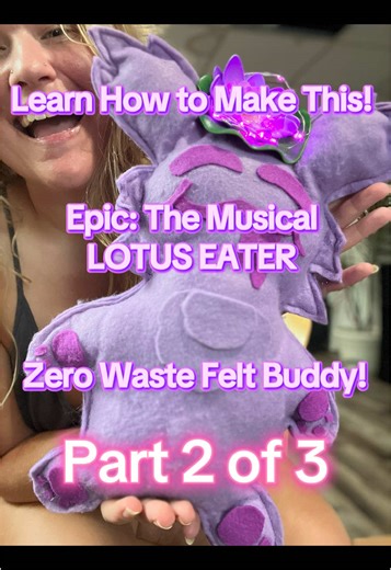 Here is the second video, where we sew our Lotus Eater together, stuff him, and glue on his decorations! If doing this by hand, you can do a backstitch or an overstitch, to give a fun ruffle like edge (similar to how I closed up the hole). In the third and final video, I’ll add on the little flower and LEDs! Almost done! #cosplay #epic #epicthemusical #openarms #beginnersewing #lotuseaters #stuffedanimal #plushie #diy #felt #dragoncon #creative #puppet