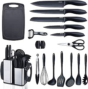 RAXCO Kitchen Utensils Set,18-Piece Cooking Tools and Sharp Knives,Stainless Steel Holder and Cutting Board
