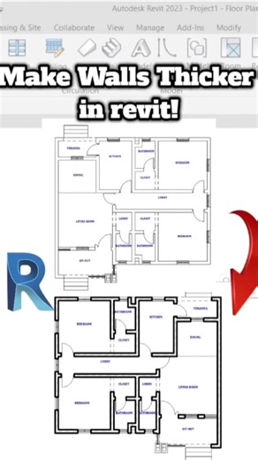 How to Increase Wall Thickness in Revit ||Visibility Graphics Tricks #revit #shorts #wall