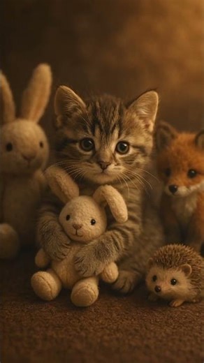 Kitten Hugging a Plush Toy Surrounded by Tiny Animal Friends