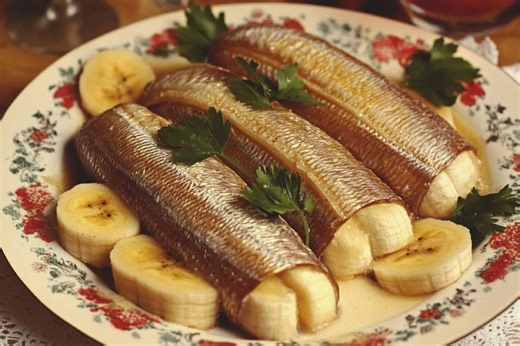 Retro food horror: 1963 cookbook photo of bananas wrapped in pickled herring
