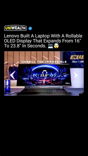 Wealth | Business | Technology on Instagram: "A laptop screen that physically grows into an ultrawide changes how you game, code, and create, in the best way. 🤯🧠 Lenovo’s Legion Pro Rollable Concept starts as a 16-inch laptop, then expands horizontally into a 21.5-inch Tactical mode or a full 24-inch Arena mode when you trigger it. The idea is simple but powerful. Give gamers and creators the ultrawide advantage without carrying an ultrawide monitor. More peripheral vision in games, more timel