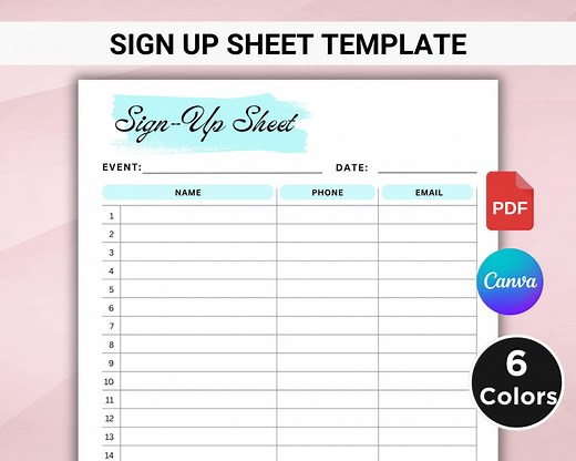 Editable Sign up Sheet Template. Printable Sign up Template. Sign up Form. Event Sign-up Sheet. Sign up List. A4/LETTER PFD & CANVA Template - Etsy